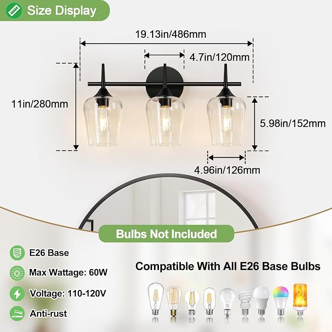 2025 Upgrade 3-Light Bathroom Light Fixtures, 19.5 Inch Bathroom Lighting - Image 8