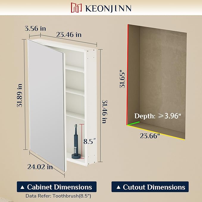Keonjinn 24 x 32 Inch Medicine Cabinet Mirror, Assembly Required, Large White - Image 2