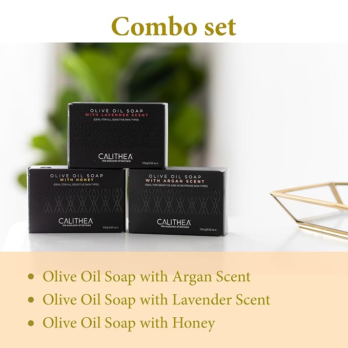 Calithea 3 Pack Olive OIil Based Soap Bars: Lavender, Argan Oil, and Honey Soap - Image 3