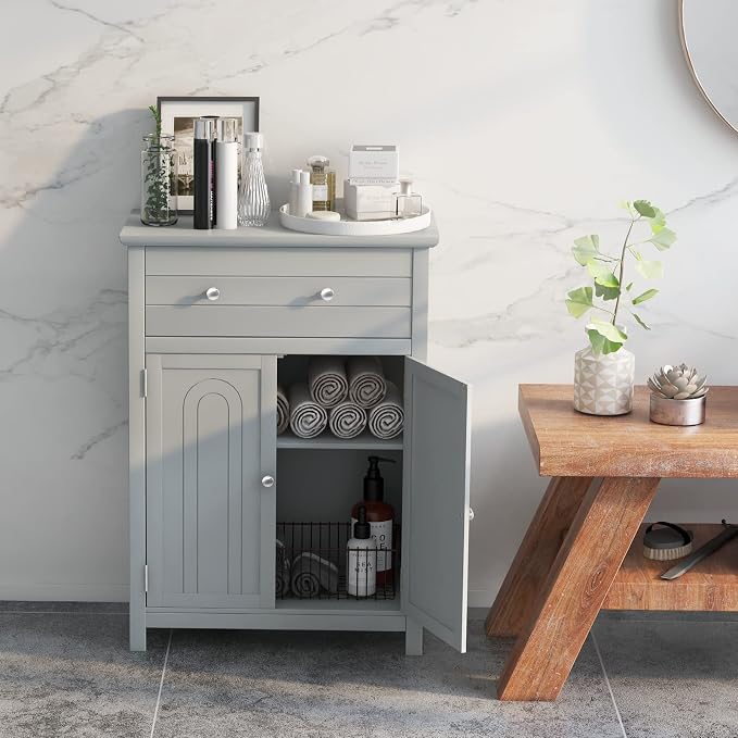 COSTWAY Bathroom Floor Cabinet, Wooden Side Storage Organizer w/Larger Drawer - Image 2