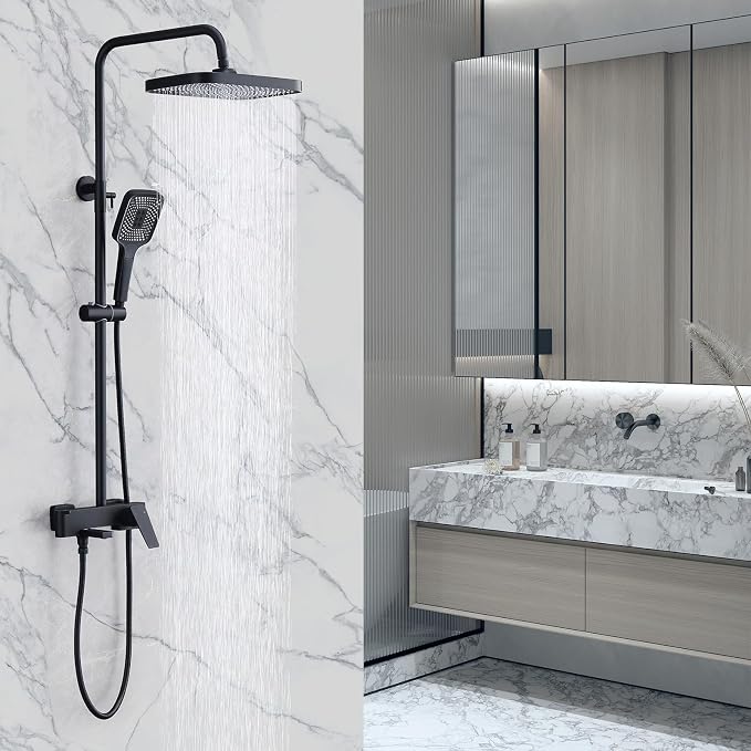 Shower Systems with 12 x8 Inches Rain Shower Head, Matte Black Exposed Pipe by Chalirs