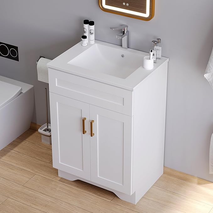 Bathroom 24" Vanity with Ceramic Sink, Wooden Double Door Bathroom Storage - Image 4