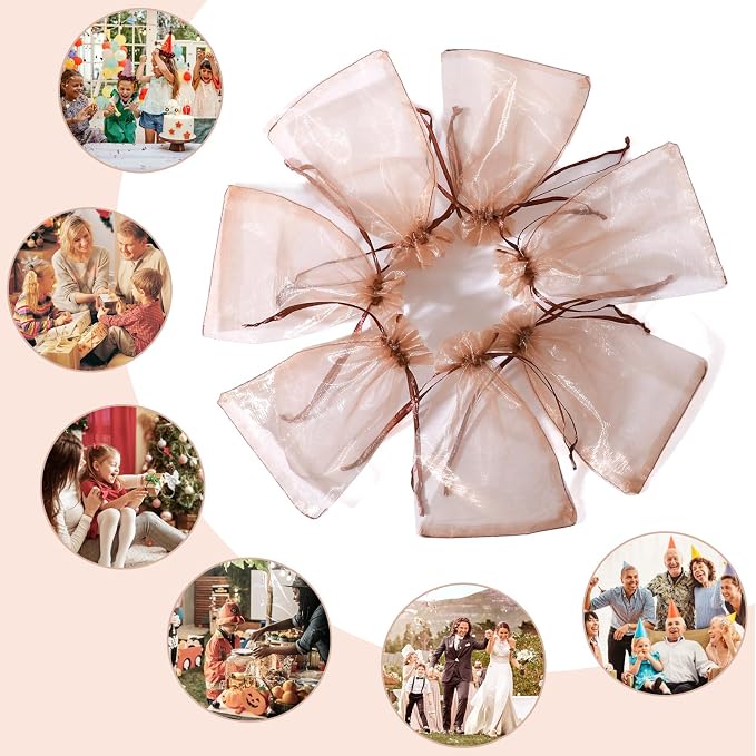 Hopttreely 100pcs Organza Bags, Light Brown 4''x4.72'' Satin Drawstring Organza - Image 2