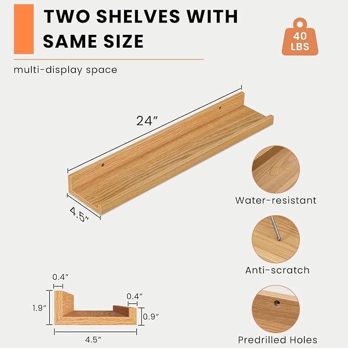 Heimlove Picture Ledge Shelf, Floating Shelves Set of 2, 24 Inches Picture Shelf - Image 3