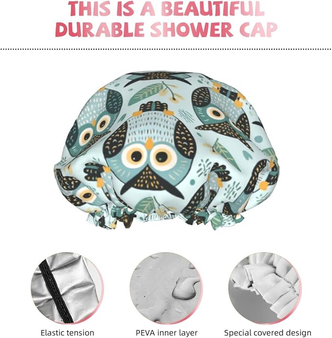 Double Layers Shower Cap for Women Girls, Owl Art Shower Hair Bath Hat Elastic - Image 5