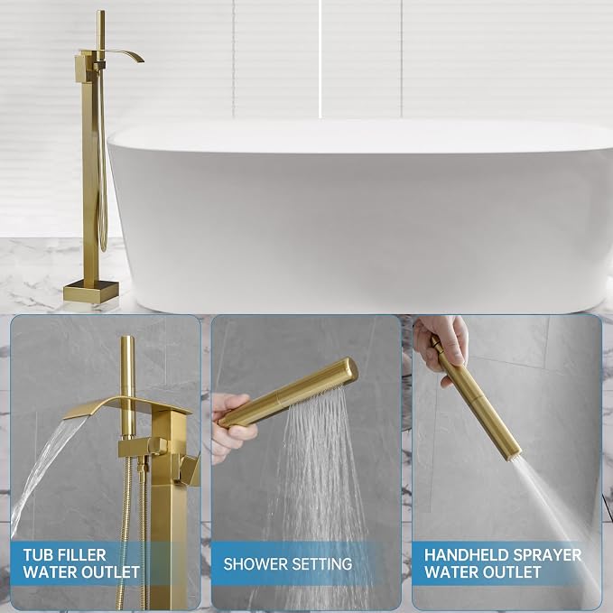 RUMOSE Tub Filler Freestanding Bathtub Faucet Brushed Gold Floor Mount Tub - Image 2