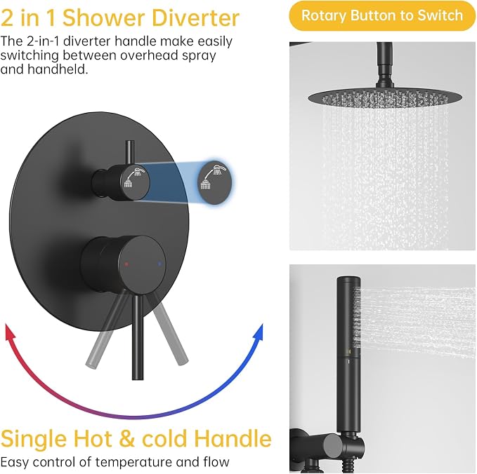 BESy Shower System with 10 Inch Round Rain Shower Head and Handheld Wall Mounted - Image 4