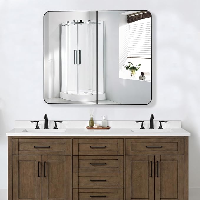 Bathroom Medicine Cabinet with 30"x26" Black Stainless Steel Framed Mirror - Image 6