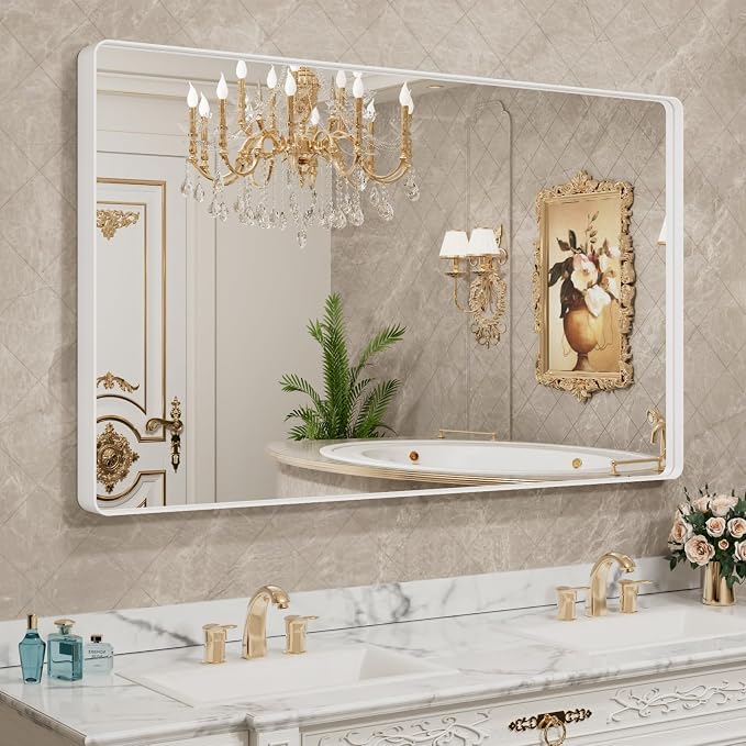 LOAAO 60x40 Inch White Metal Framed Bathroom Mirror by LOAAO