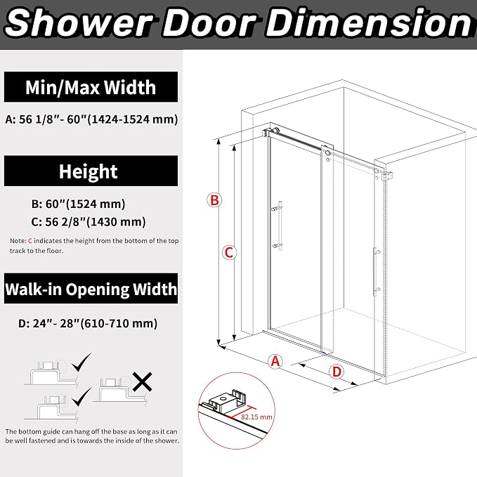 Sunrosa Frameless Tub Shower Door 60" W x 60" H, Shower Door Clear Tempered - Image 6
