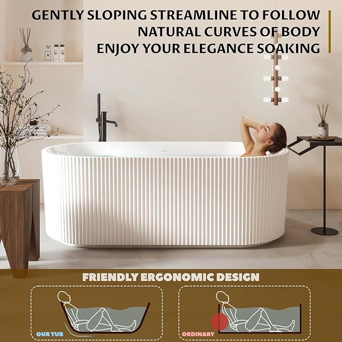 67" Acrylic Freestanding Soaking Bathtub, Contemporary Design Pleated Tub - Image 4