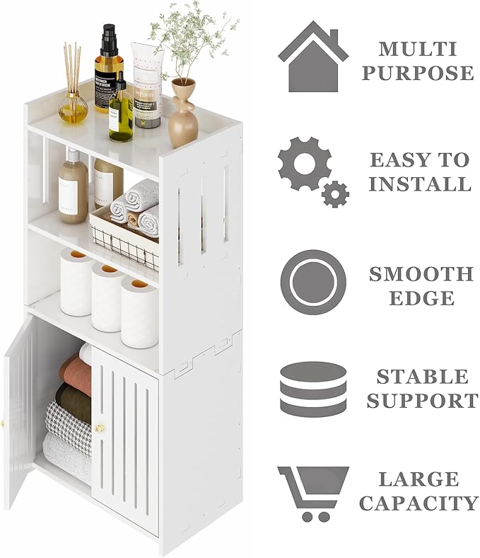 Bathroom Storage Cabinet, 4-Tier White Floor Cabinet Freestanding Organizer - Image 6