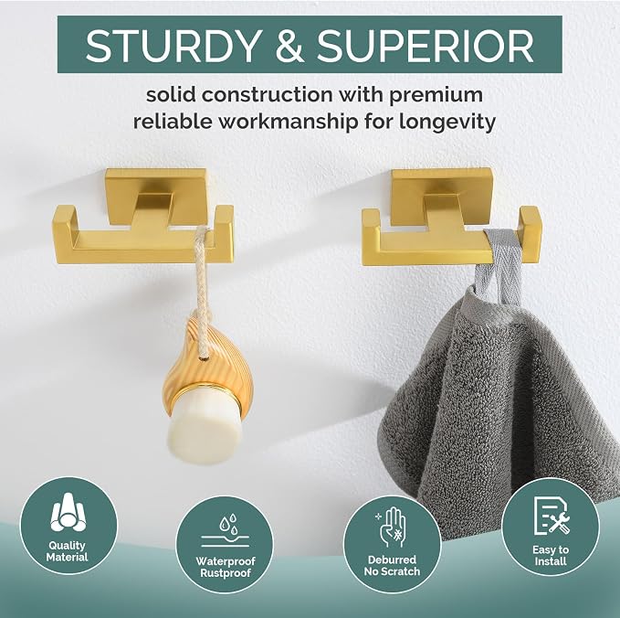 Angle Simple Double Towel Hook Brassy Gold 2 PCS, SUS304 Stainless Steel - Image 5