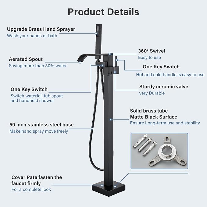 Freestanding Bathtub Faucet Matte Black Floor Mounted Tub Filler - Image 3