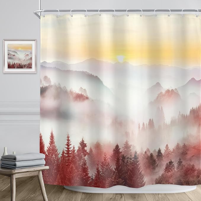 Riyidecor Misty Mountain Shower Curtain 72Wx72H Inch Red Sunrise Nature Scenery - Image 3