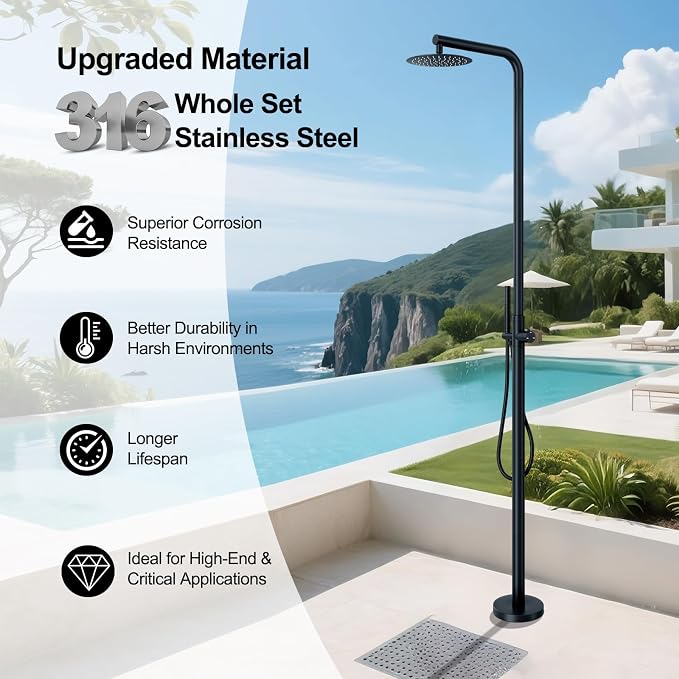 RBROHANT Freestanding Outdoor Shower Black, 316 Marine Grade Stainless Steel - Image 3
