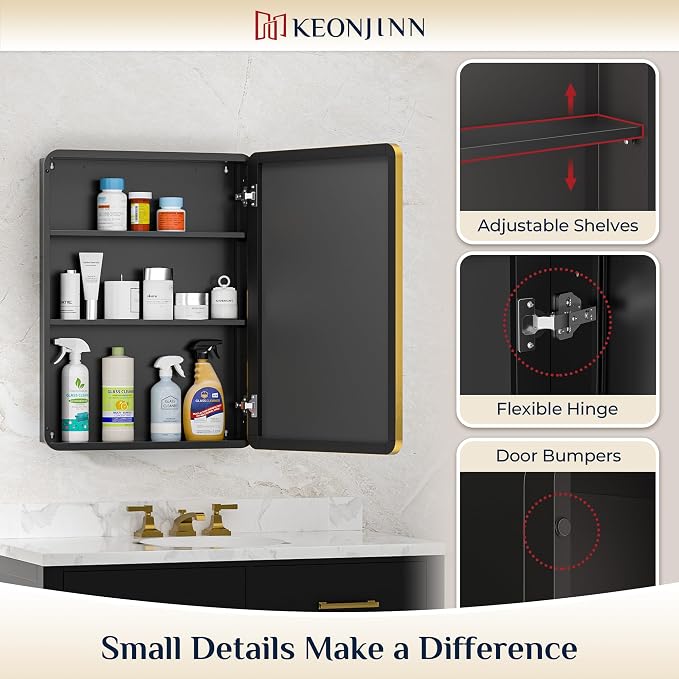Keonjinn 20 x 32 Inch Gold Mirrored Medicine Cabinet, Recessed Medicine Cabinets - Image 7