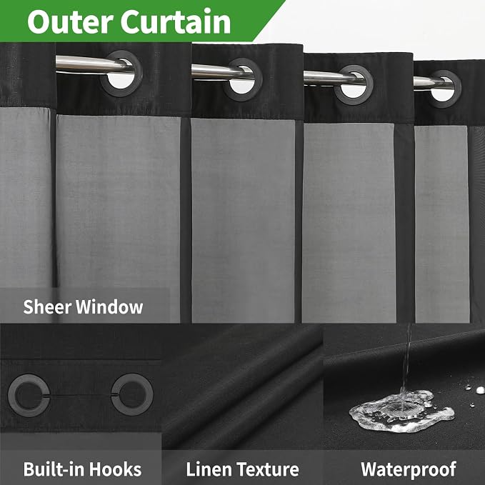 Long No Hooks Needed Linen Textured Shower Curtain - Image 3