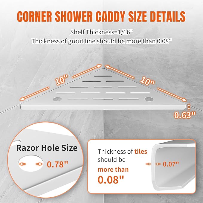 Corner Shower Shelf with Razor Hole, Rustproof Stainless Steel Shower Organizer - Image 2