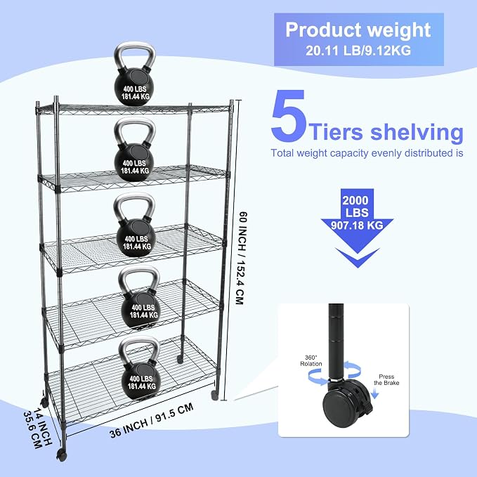 Whitmor 5 Tier Shelving Unit, Metal Storage Shelves, Heavy Duty - Image 3