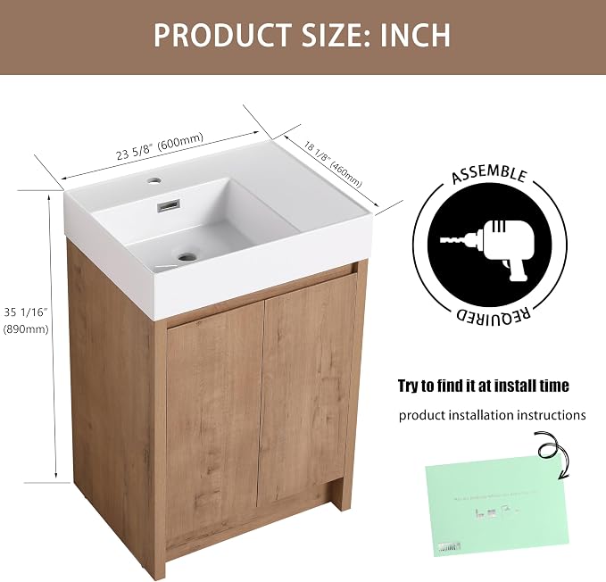 24 Inch Bathroom Vanity with Left Resin Sink, Freestanding Brown Single Sink - Image 2