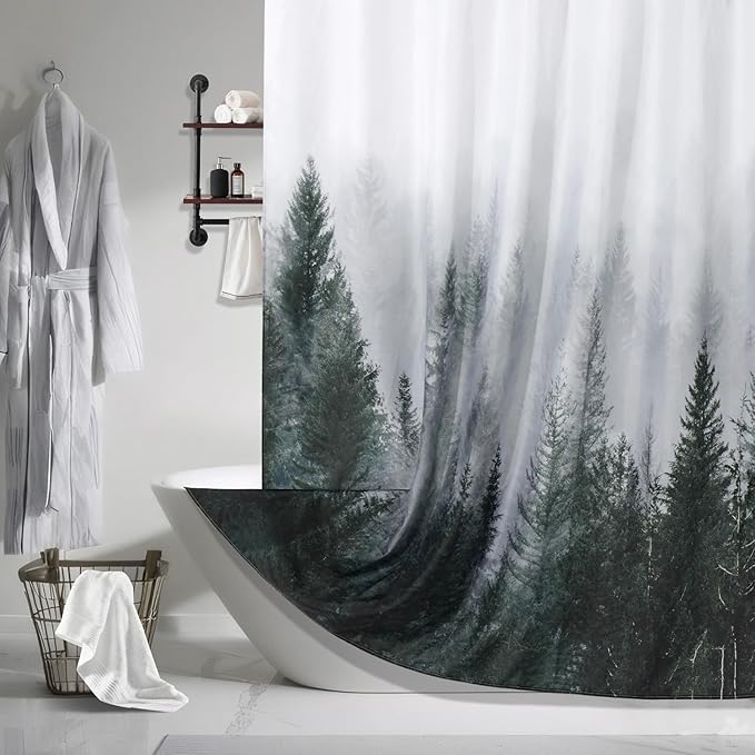 ORTIGIA Dark Green Misty Forest Shower Curtain - Image 7