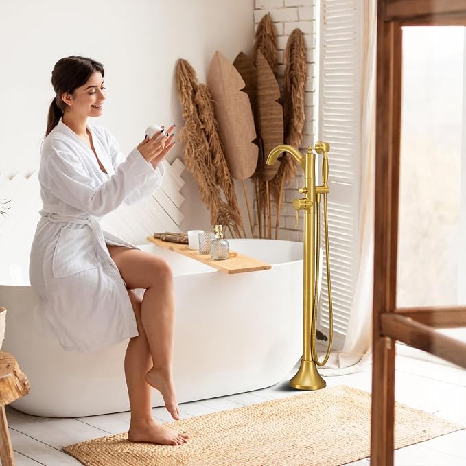 Free Standing Tub Faucet, Brushed Gold Classic Freestanding Bathtub Faucet - Image 9