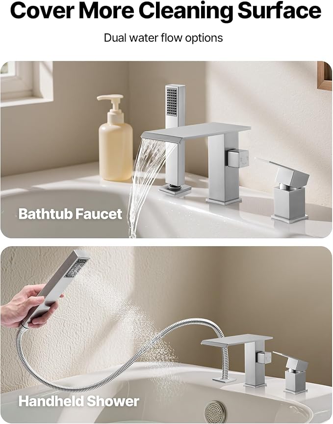 VEVOR Roman Tub Faucet, 3 Hole Waterfall Bathtub Faucet, Roman Bathtub Faucets - Image 6