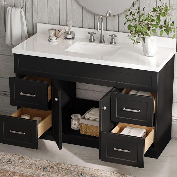 ARIEL 55" Black Bathroom Vanity 1.5" Edge Pure White Quartz Countertop & Splash - Image 3