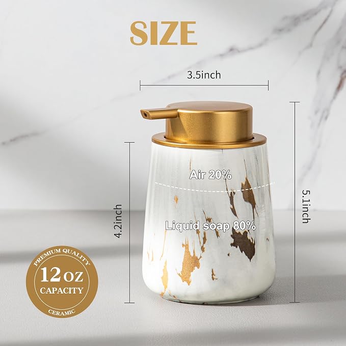 Enra Ceramic Gold Soap Dispenser, 12 oz Marble Lotion Dispenser Bathroom Liquid - Image 2