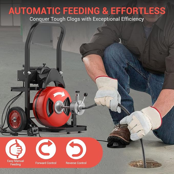 100Ft 1/2 Inch Cable Drain Cleaning Machine, 450W Auto Feed Portable Electric - Image 4