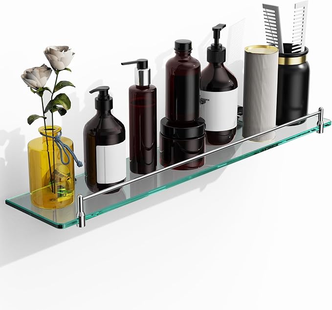 24 Inch Glass Bathroom Shelves, Chrome Polished Floating Shelves by HOMELIFE