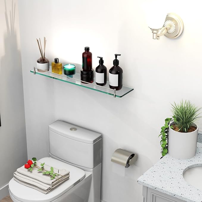 24 Inch Glass Bathroom Shelves, Brushed Nickel Floating Shelves - Image 6