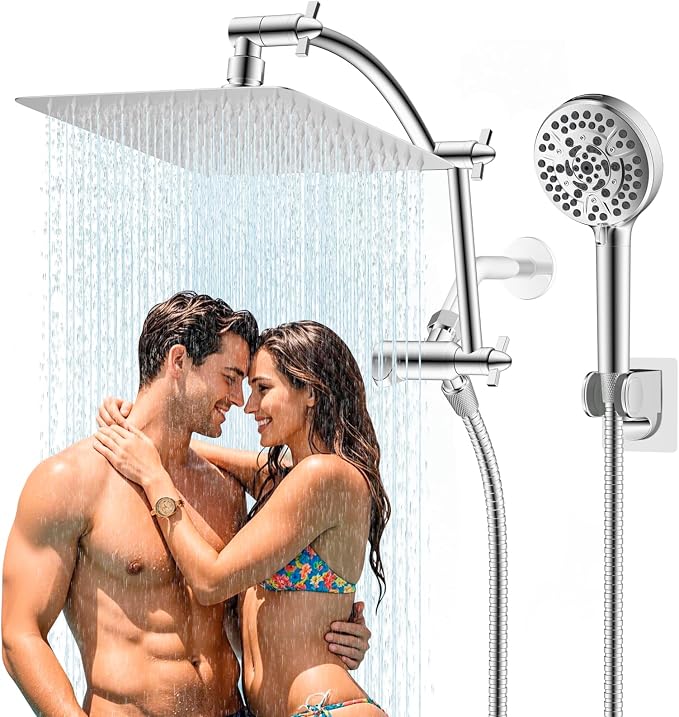 Hibbent All Metal Shower Head, 10 Sprays, Adhesive Showerhead Holder by Hibbent