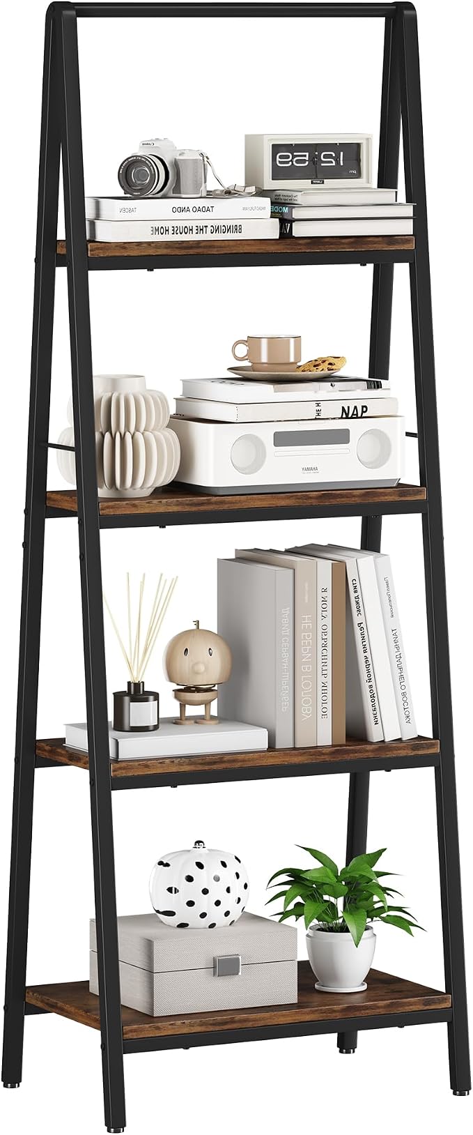 Homeiju 4-Tier Leaning Ladder Bookshelf, Rustic and Wood Ladder Shelf Bookcase - Image 9