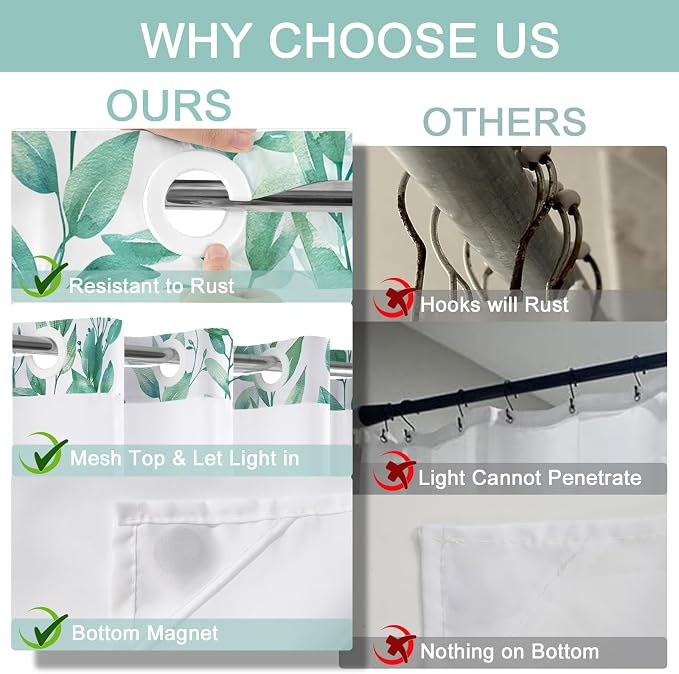 No Hook Shower Curtain and Liner Set, Teal Eucalyptus Floral Shower Curtains - Image 6