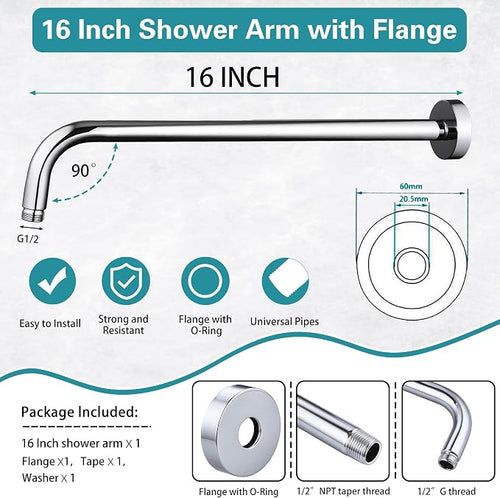 16 Inch Shower Arm with Flange, Stainless Steel 90 Degree Rain Shower Head - Image 2