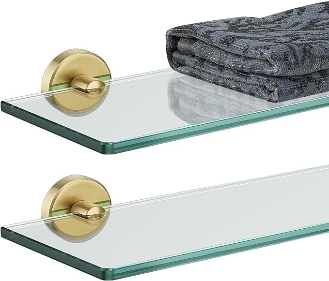 JQK Bathroom Glass Shelf Gold, Tempered Glass Shower Storage 16 by 5 inches by Homeimprovement