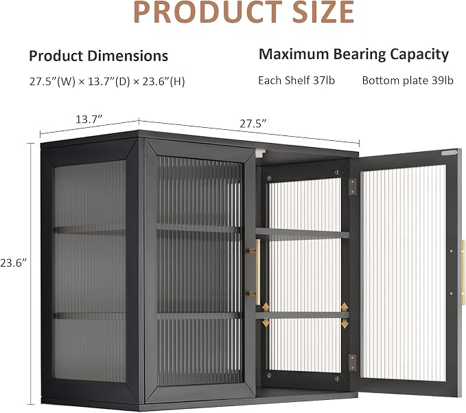 Black Glass Display Wall Storage Cabinet, Wall-Mounted Bathroom Cabinet - Image 3