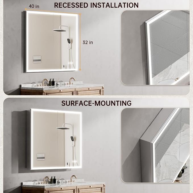 40"x32" Medicine Cabinet Mirror, LED Lighted Medicine Cabinet - Image 6