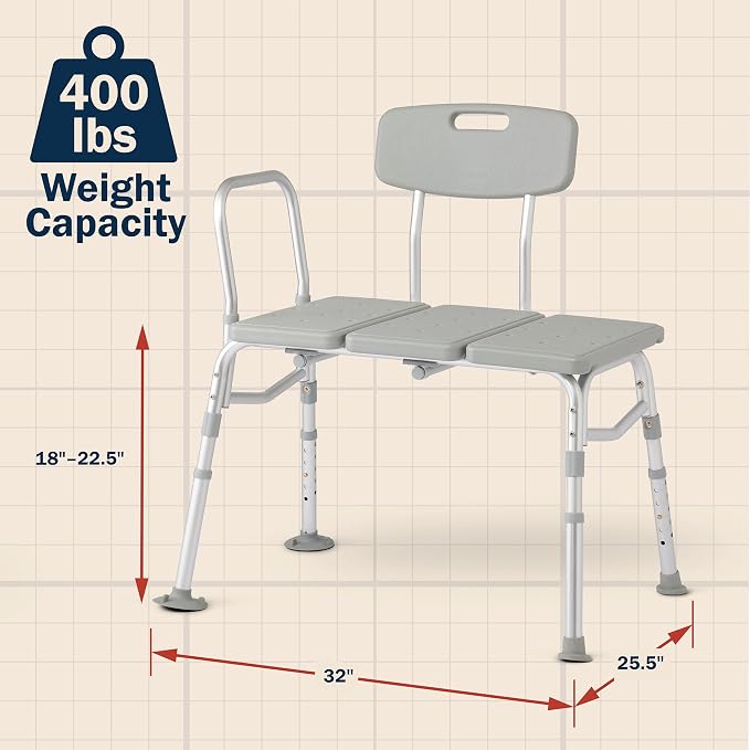 Tub Transfer Bench, 400 lb Capacity Bath & Shower Seat, Tool-Free Assembly - Image 2