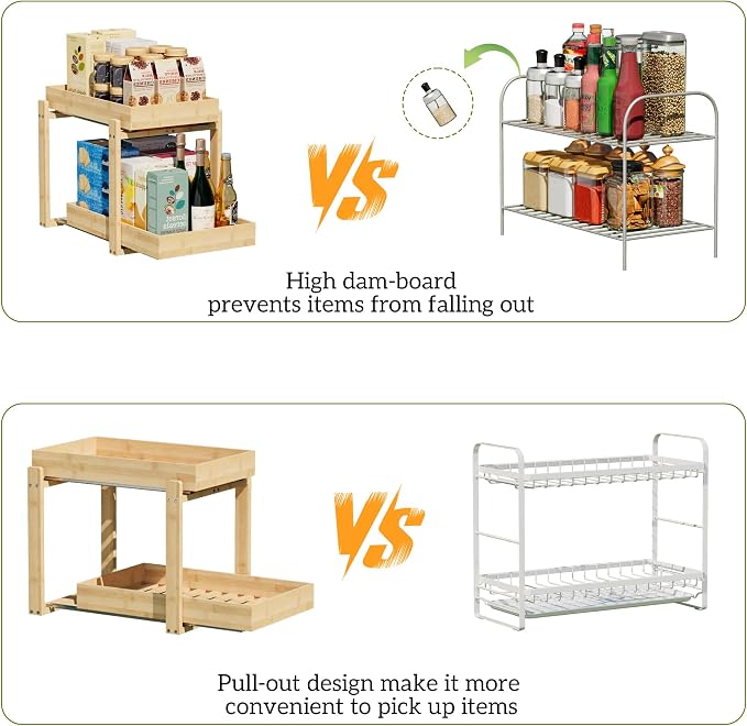 2 Pack Under Sink Organizer, Bamboo Wooden 2-Tier Pull-Out Storage - Image 8