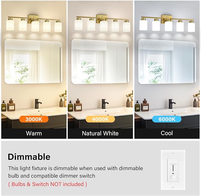 Brushed Gold Bathroom Light Fixtures, 5-Light Modern Vanity Light Over Mirror - Image 5