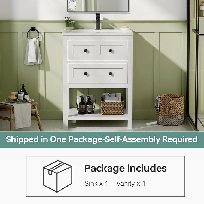24 Inch Bathroom Vanity with Sink, Farmhouse Storage Cabinet with Drawers & - Image 9