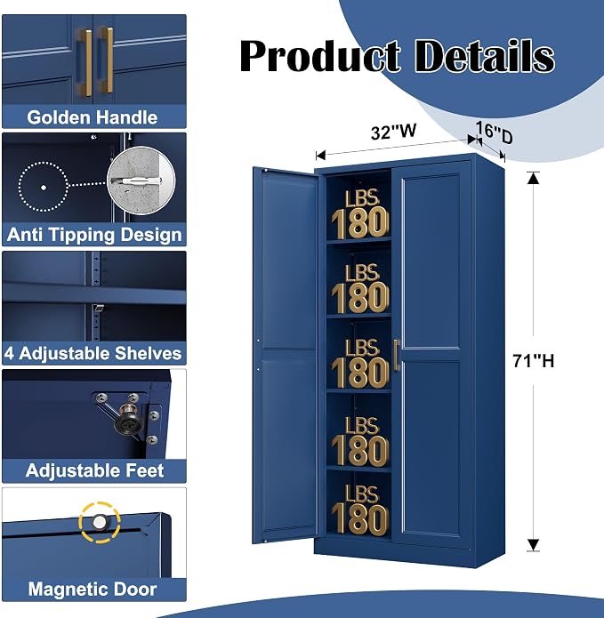Kitchen Pantry Cabinet, 71”Blue Metal Pantry Storage Cabinets - Image 3