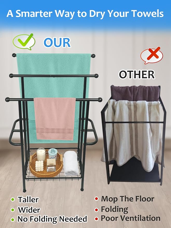 Freestanding Towel Rack, 3-Tier Heavy-Duty Metal Stand - Image 2