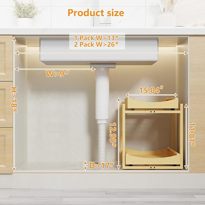 Bamboo Under Sink Organizer Adjustable Height 2 Tier Bathroom Organizer Pull - Image 2