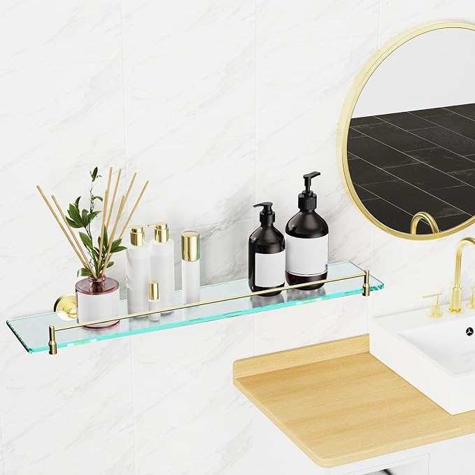 24 Inch Glass Bathroom Shelves, Brushed Gold Floating Shelves - Image 2