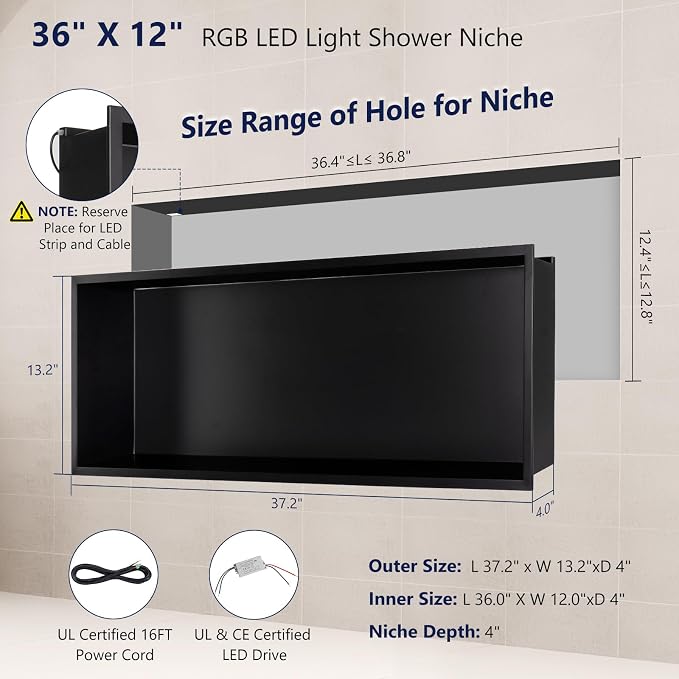 36" X 12" RGB LED Shower Niche No Tile Needed, 304 Stainless Steel Shower Niche - Image 2