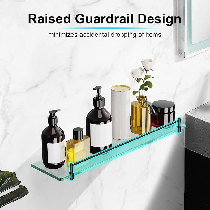 20 Inches Glass Shelves for Bathroom, Matte Black Floating Glass Shelf - Image 7